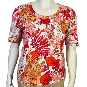 Talbots Tee Shirt Womens L White Red Pink Spring Floral Short Sleeve Scoop Neck